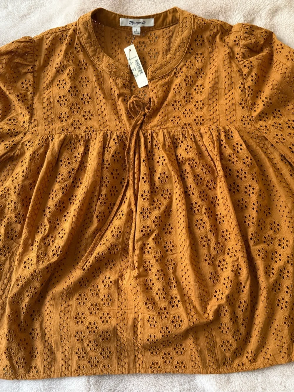 NWT Madewell Eyelet Double-Tie Blouse Carrot Cake Size S